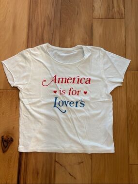 Junk Food Clothing White Tee with Red and Blue 'America is for Lovers' Print